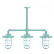 Montclair Light Works MSK052-48 - Vaportite, Style A shade, 3-light stem hung pendant with clear glass and cast guard, Sea Green