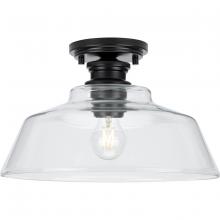  P350227-31M - Singleton Collection One-Light 14" Matte Black Farmhouse Medium Semi-Flush Mount Light with Clea