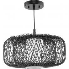  P500396-202 - Cordova Collection Medium One-Light Black Rattan Organic Modern Pendant with White Linen