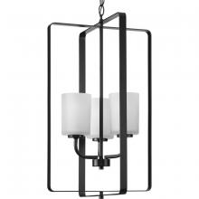  P500342-31M - League Collection Three-Light Matte Black and Etched Glass Modern Farmhouse Foyer Chandelier Light