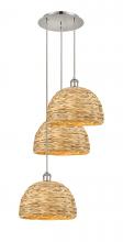  113B-3P-PN-RBD-12-NAT - Woven Rattan - 3 Light - 19 inch - Polished Nickel - Cord hung - Multi Pendant