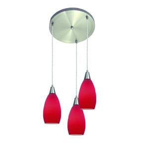 Three Light Red  Glass Brushed Steel Multi Light Pendant